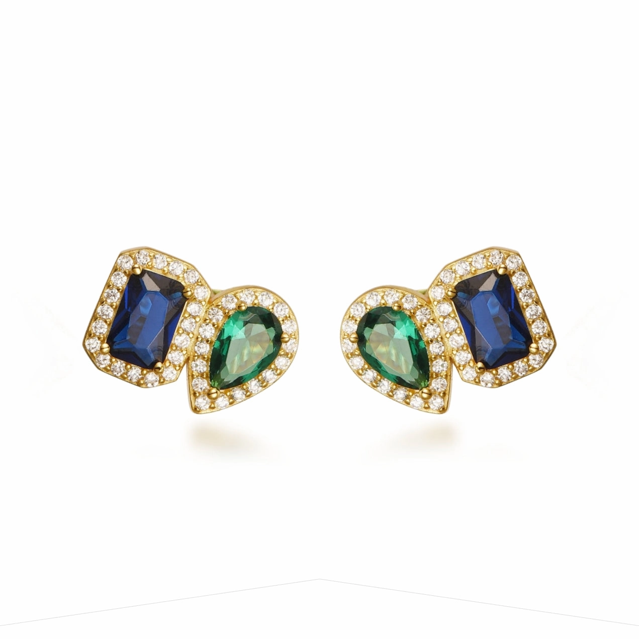 Sterling Silver Gold Plated Emerald and Sapphire CZ Shape Stud Earring Stunning Product