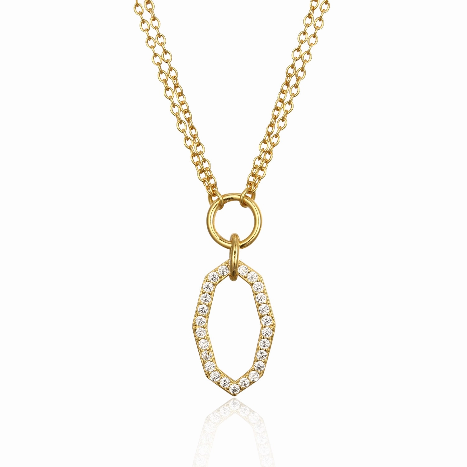 Sterling Silver Gold Plated Hexagon Shape on Double Chain Necklace Open Air