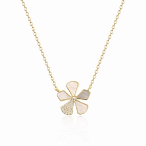 Sterling Silver Gold Plated Mother of Pearl And CZ Five Petal Flowers Necklace Trend Mood Urban Fashion