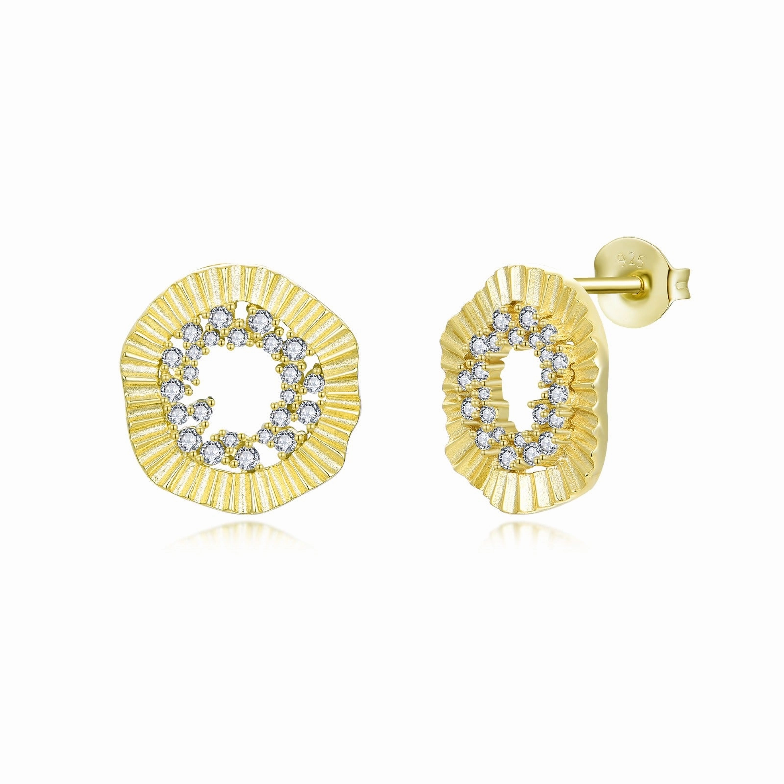 Sterling Silver Gold Plated Rounded Fan Shape CZ Center Stud Earrings Lightweight Choice Affordable Design