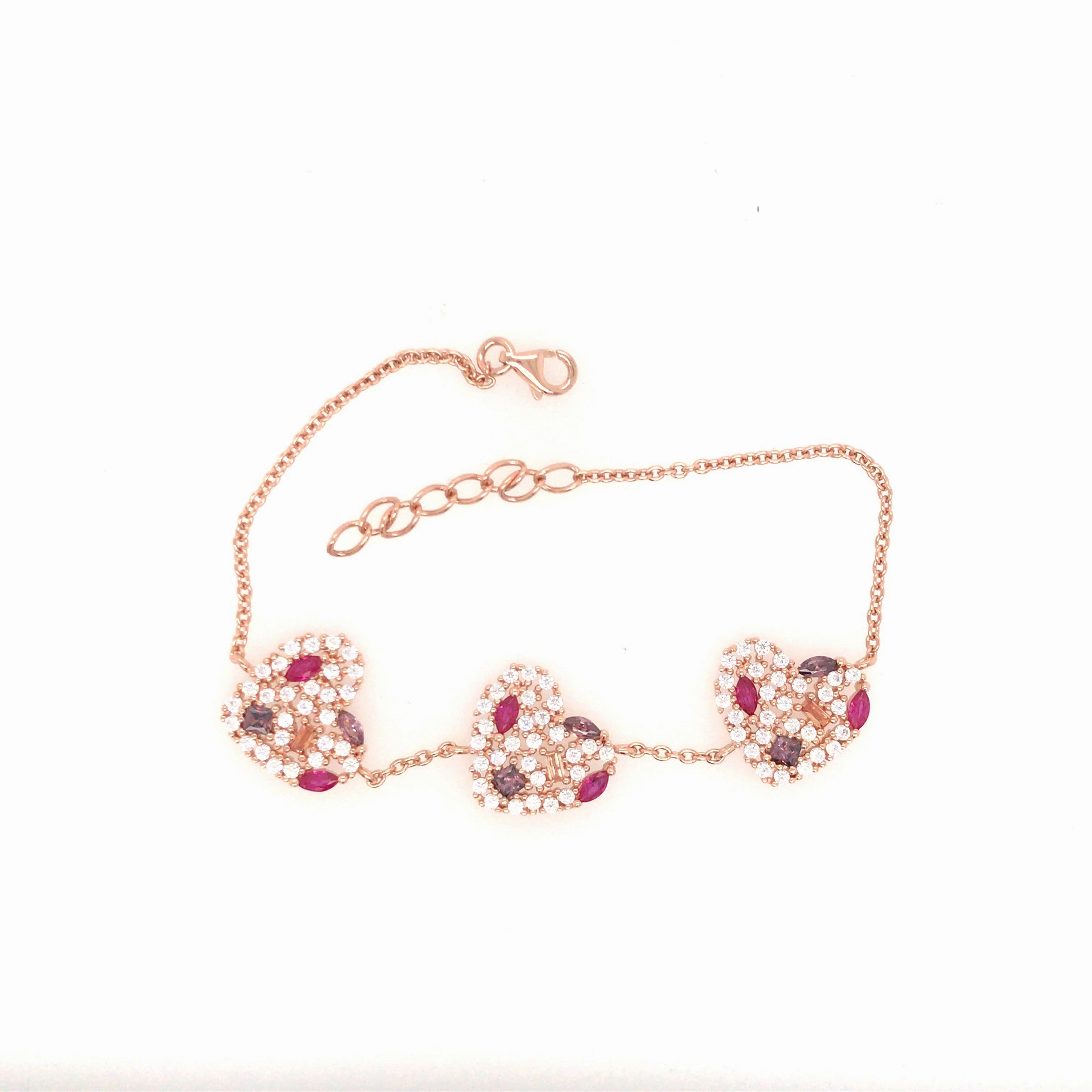 Tested Durability Sterling Silver Heart CZ And Colored Stones Bracelet