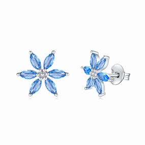 Sterling Silver London Blue CZ Flower Stud Earring Stunning Embellishment