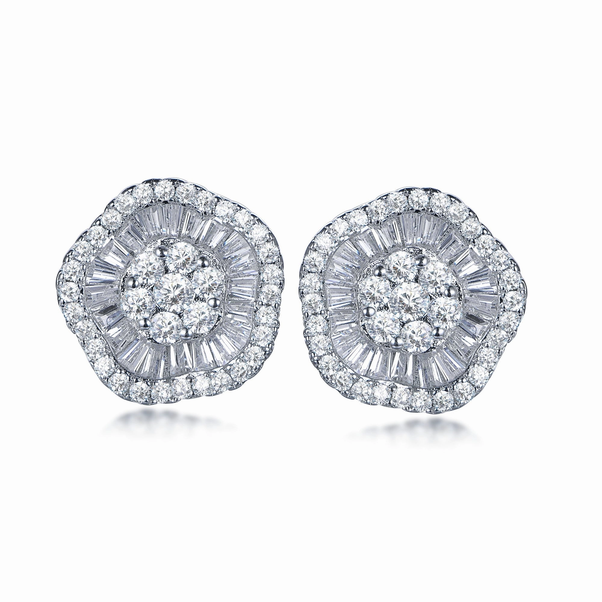 Corporate Jewelry Sterling Silver Micropave Baguette Wavy Flower Stud Earrings