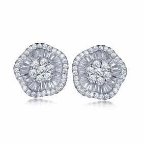 Corporate Jewelry Sterling Silver Micropave Baguette Wavy Flower Stud Earrings