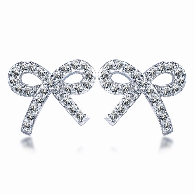 Sterling Silver Micropave Bow Stud Earrings Glittering Accent Radiant Design