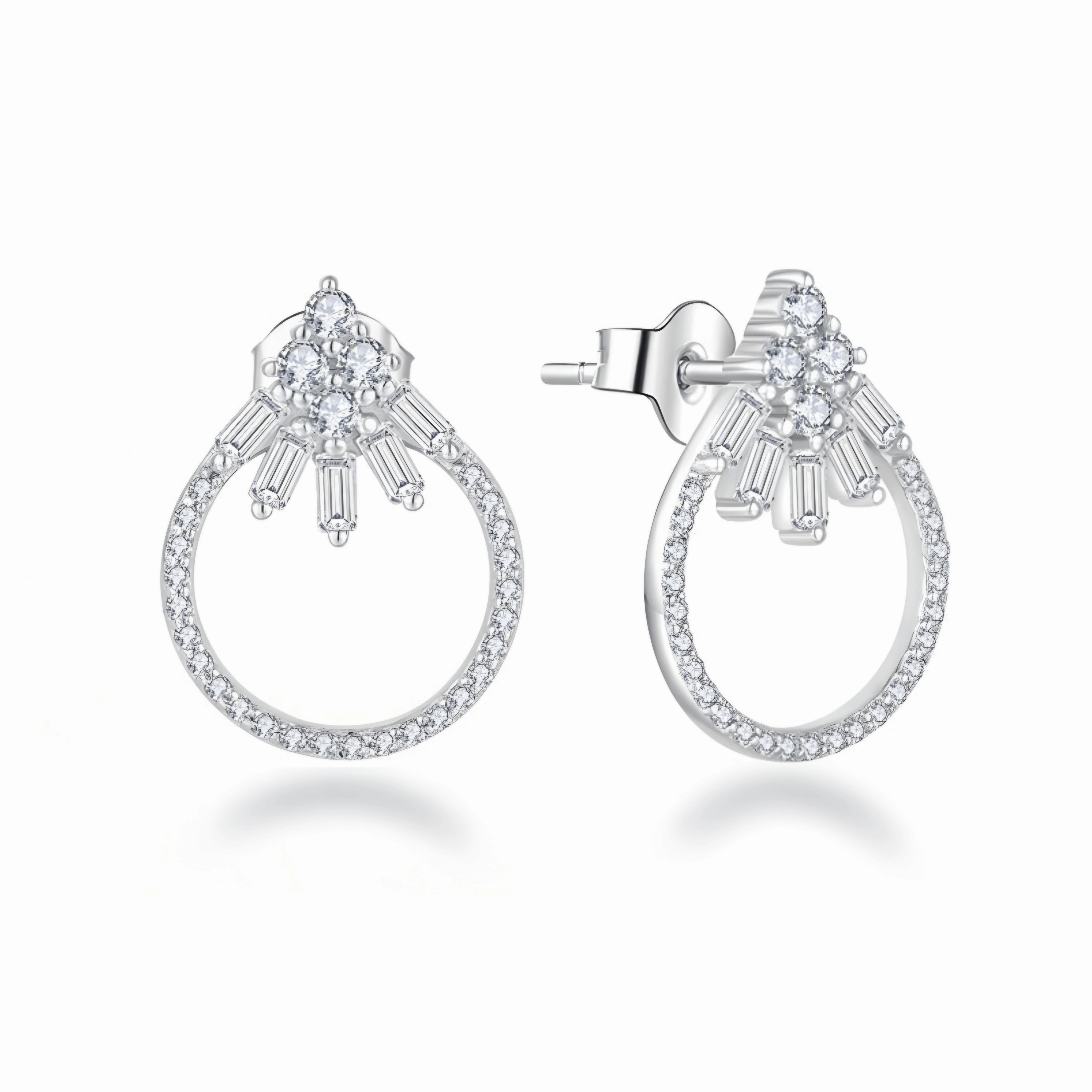 Fashionable Style Sterling Silver Micropave Round and Baguette CZ Stud Earrings