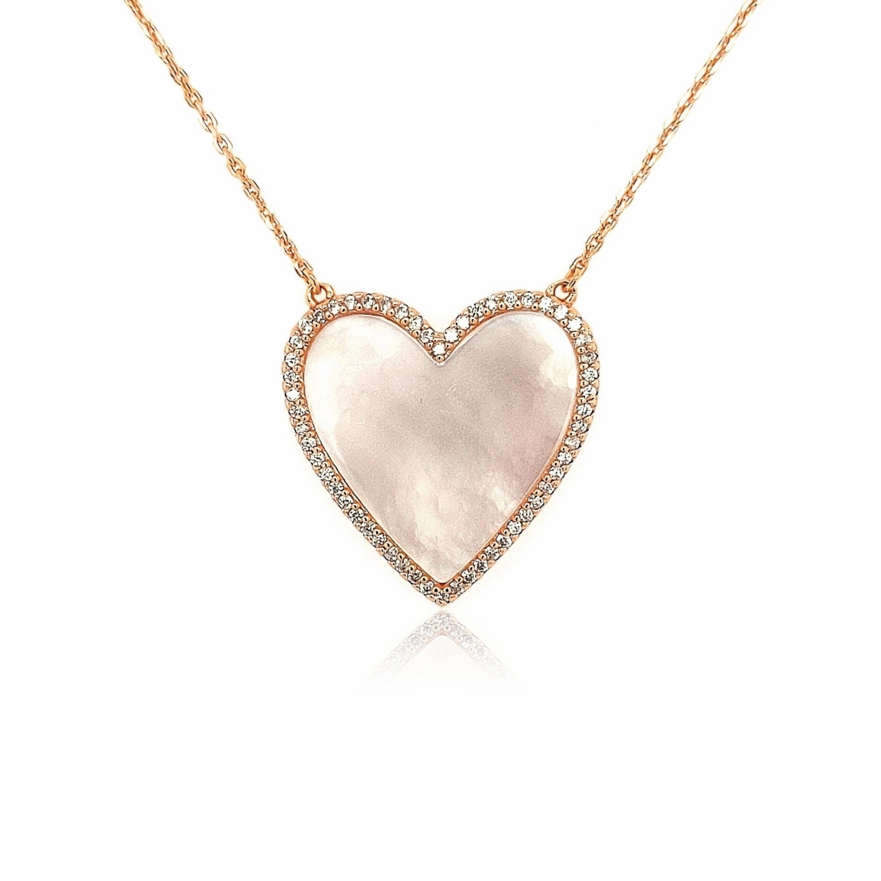 Sterling Silver Mother of Pearl Heart With CZ Border Necklace Chic Night