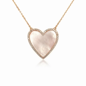 Glam Accent Sterling Silver Mother of Pearl Heart With CZ Border Necklace