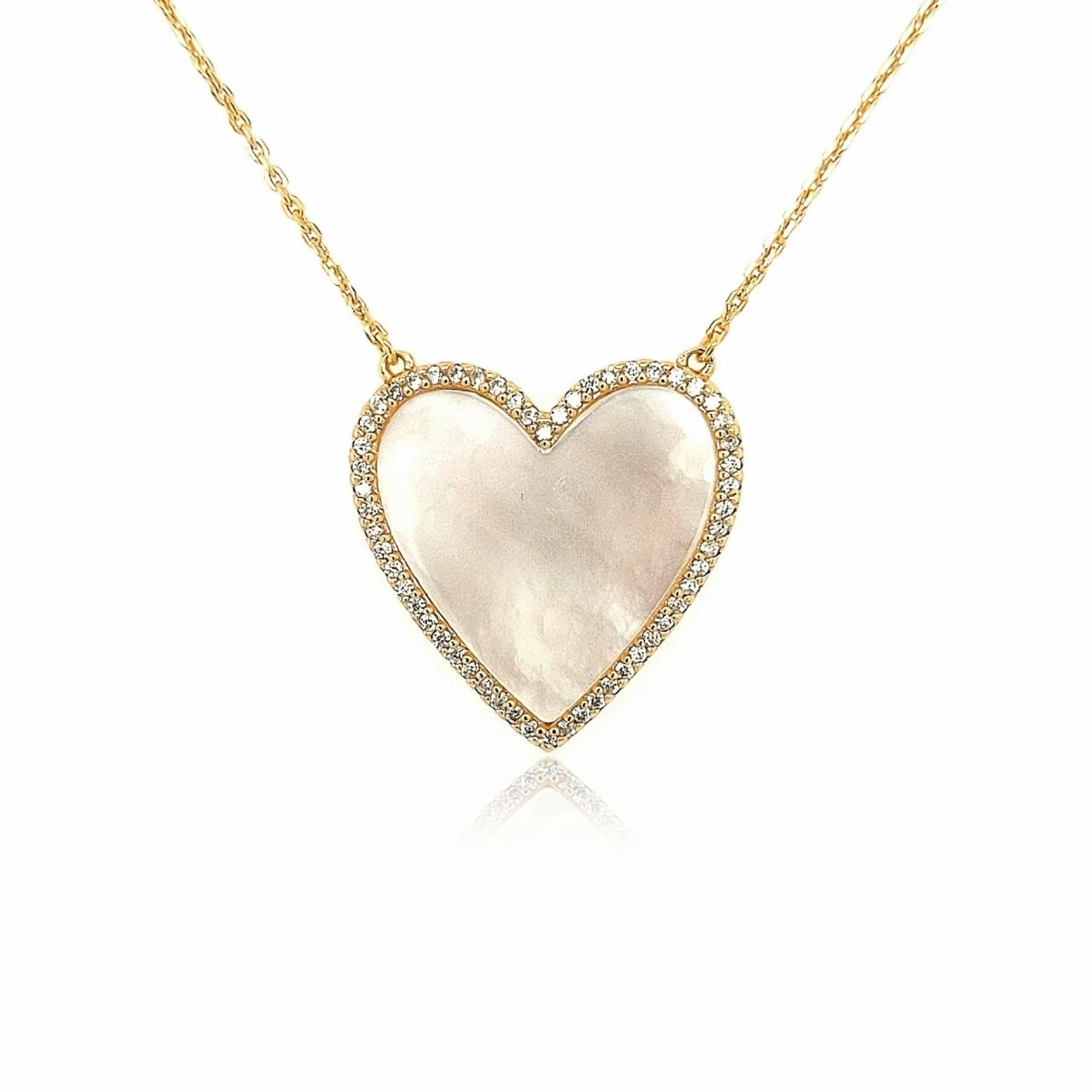 Personalized Jewelry Sterling Silver Mother of Pearl Heart With CZ Border Necklace
