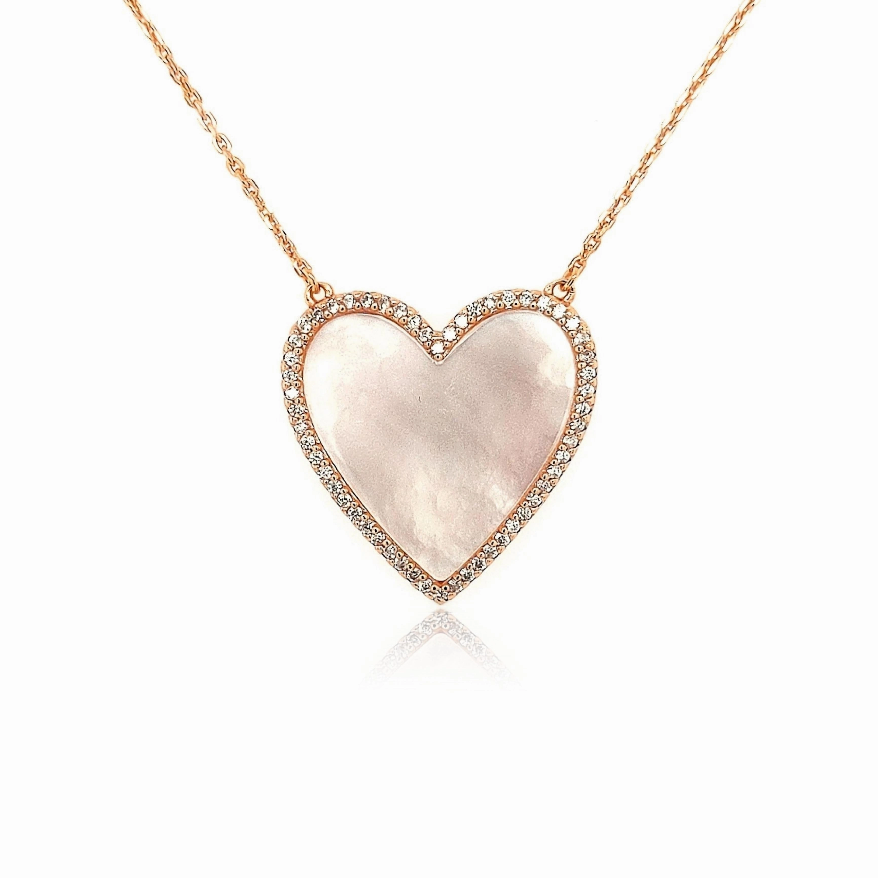 Glam Accent Sterling Silver Mother of Pearl Heart With CZ Border Necklace