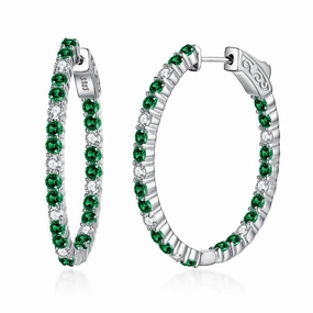 High-Quality Accent Sterling Silver Oval Emerald, Ruby and Sapphire CZ Hoop Earrings