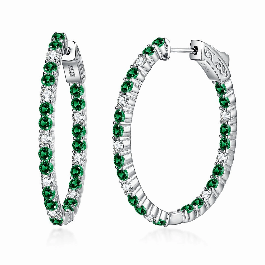 High-Quality Accent Sterling Silver Oval Emerald, Ruby and Sapphire CZ Hoop Earrings