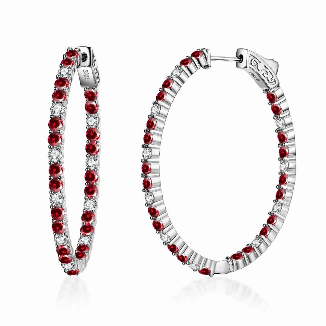 Sterling Silver Oval Emerald, Ruby and Sapphire CZ Hoop Earrings Pretty Finish Vintage design