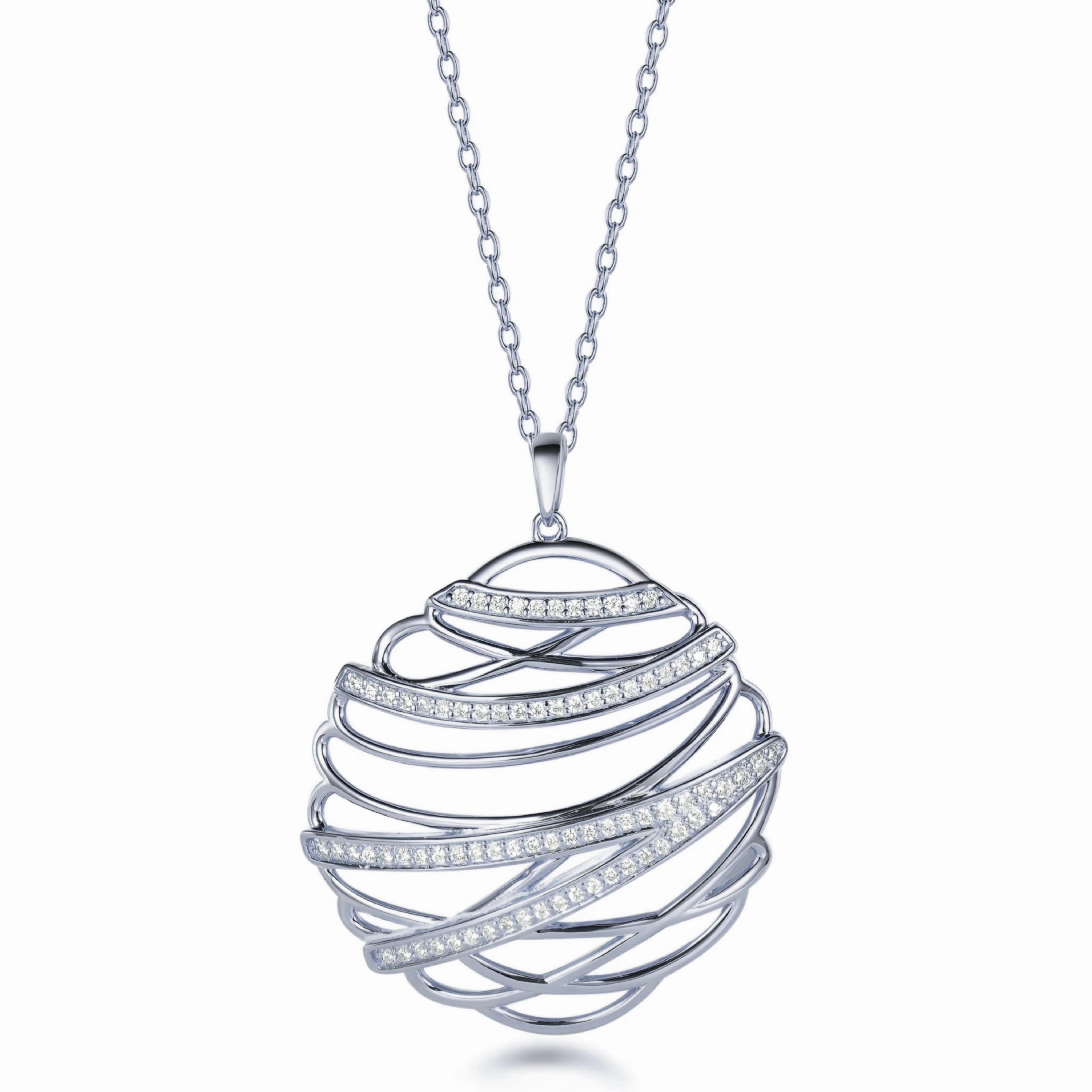 Minimal Feature Work Accent Sterling Silver Overlapping Curved Lines Micropave  Pendant Necklace
