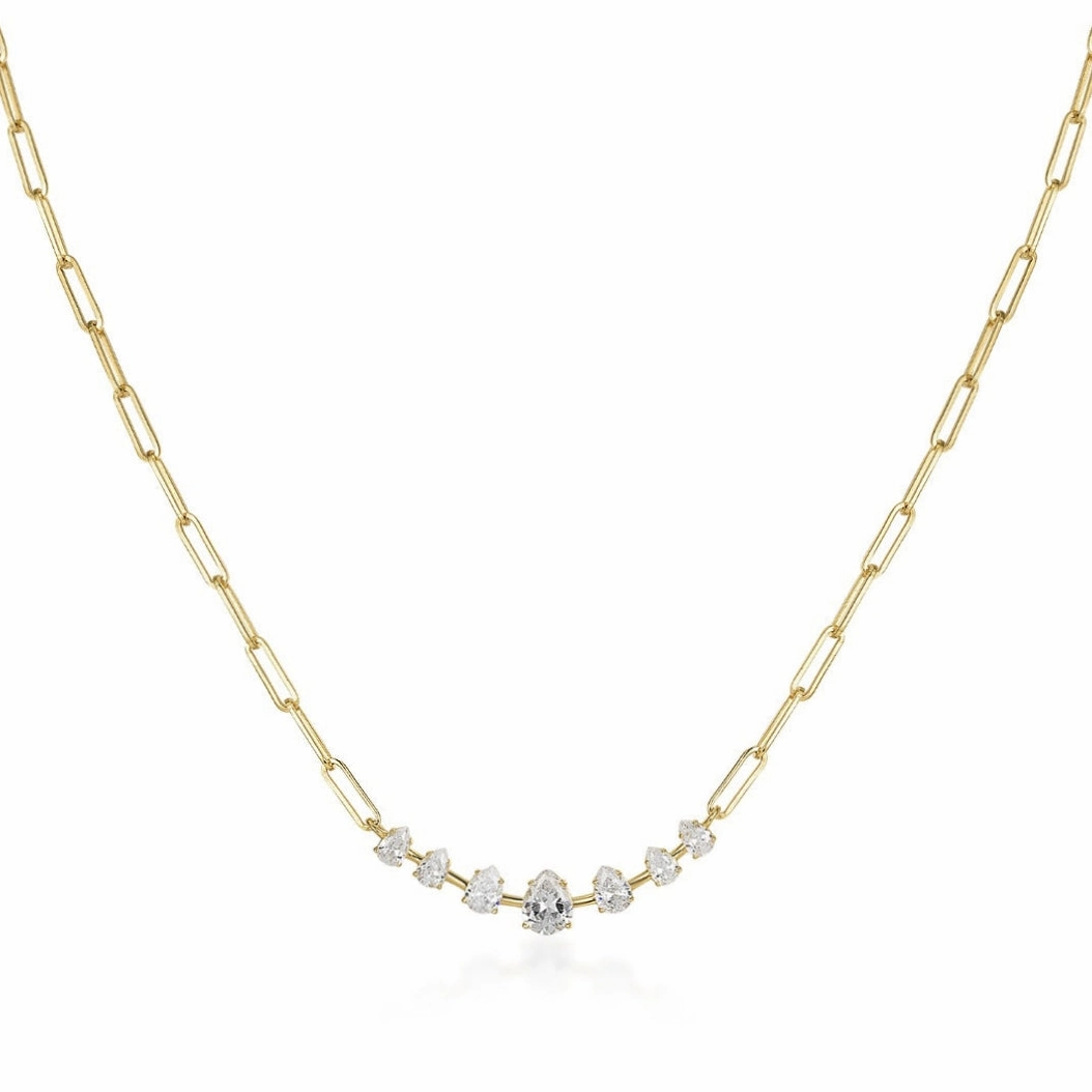 Sterling Silver Paperclip Chain with Pear Shaped CZ Necklace Community Piece Spring Feature