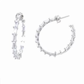 Sterling Silver Round 1 1/2'' Baguette Hoop Earrings Simple Look