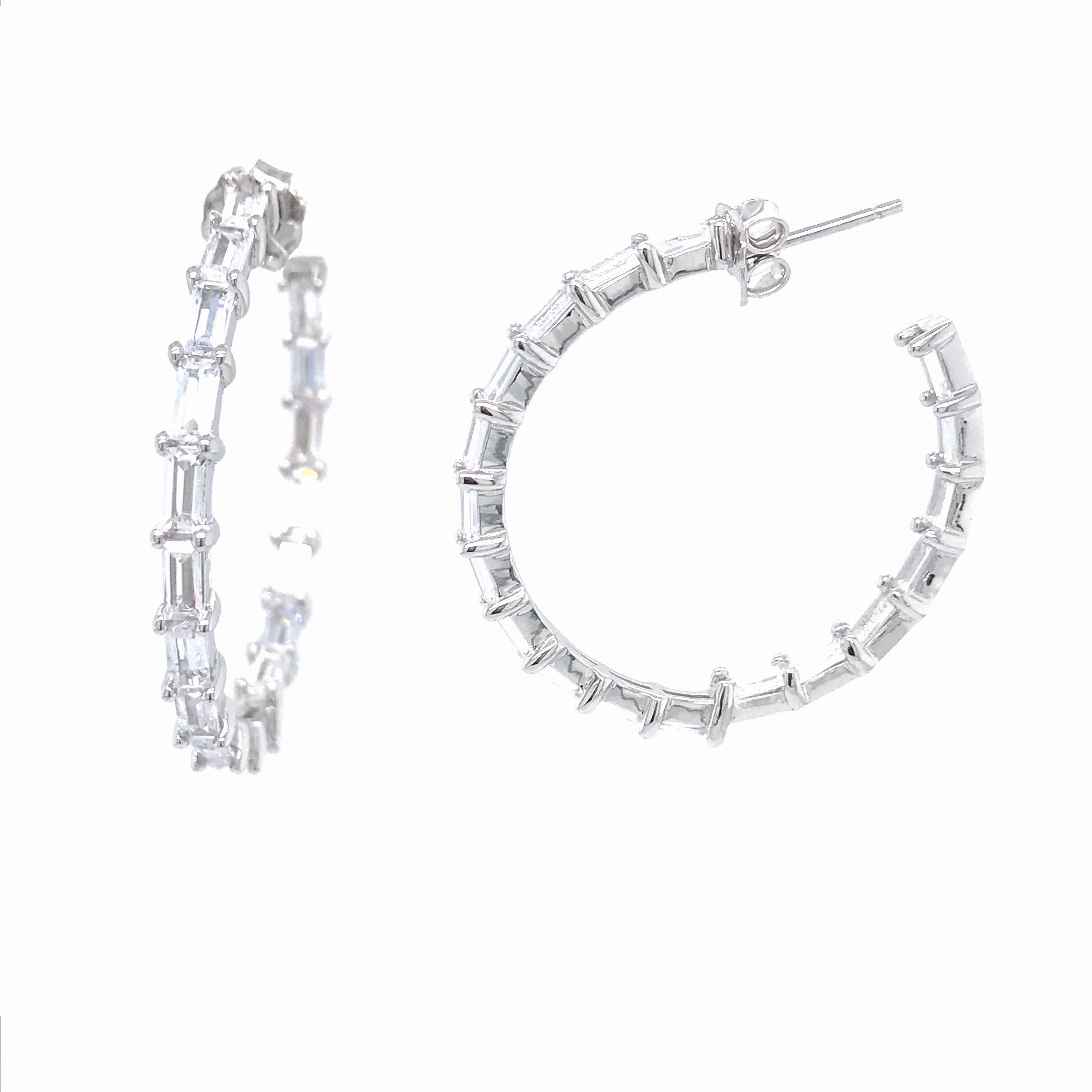 Sterling Silver Round 1 1/2'' Baguette Hoop Earrings Simple Look