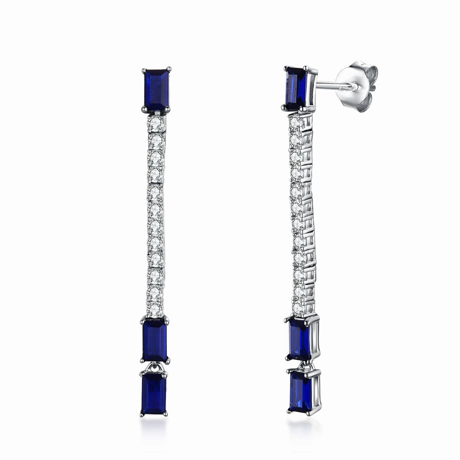 Polygonal Ornament Secure Element Sterling Silver Sapphire Accented CZ Tennis Earring