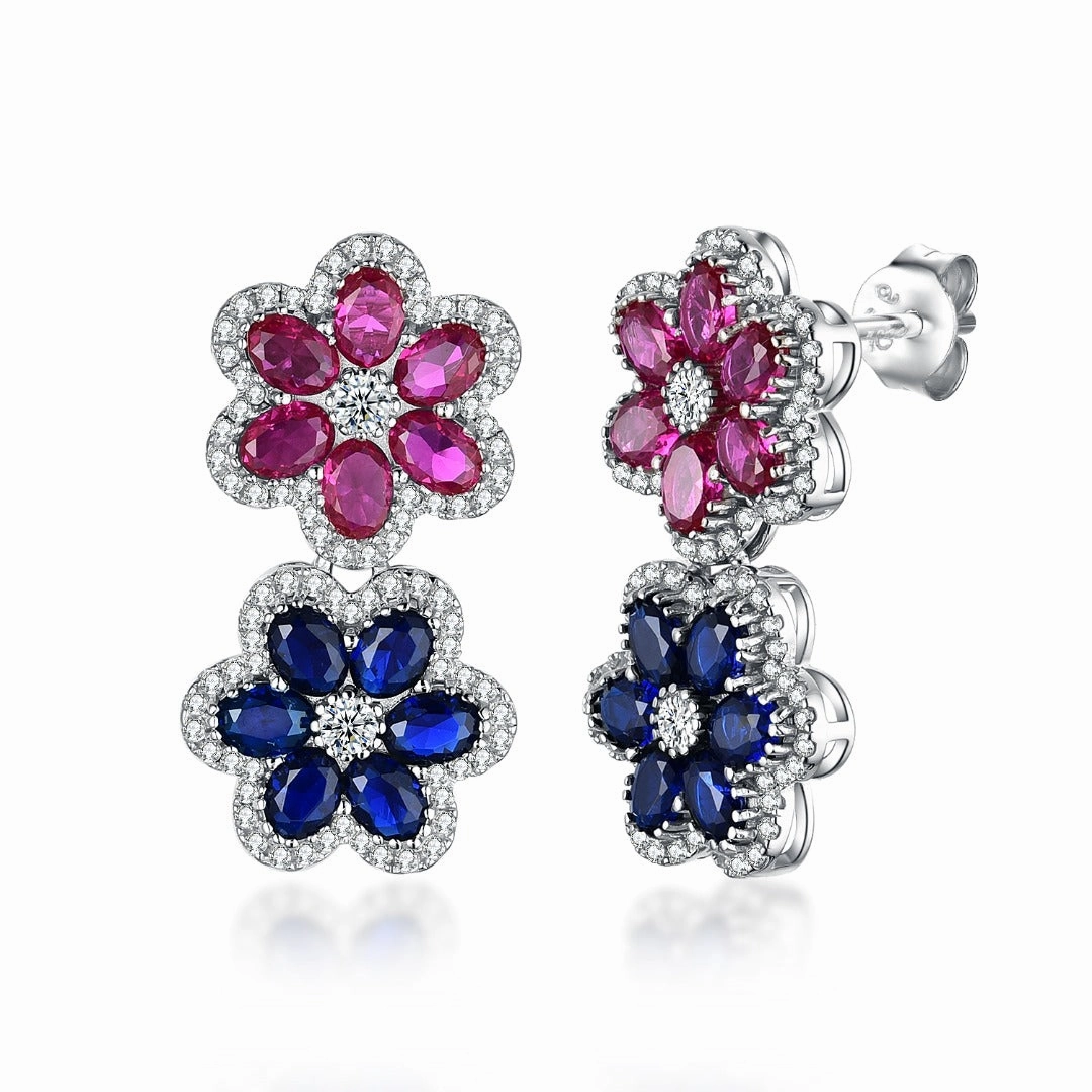 Daily Ornament Sterling Silver Sapphire and Ruby Colored CZ Double Flower Earring