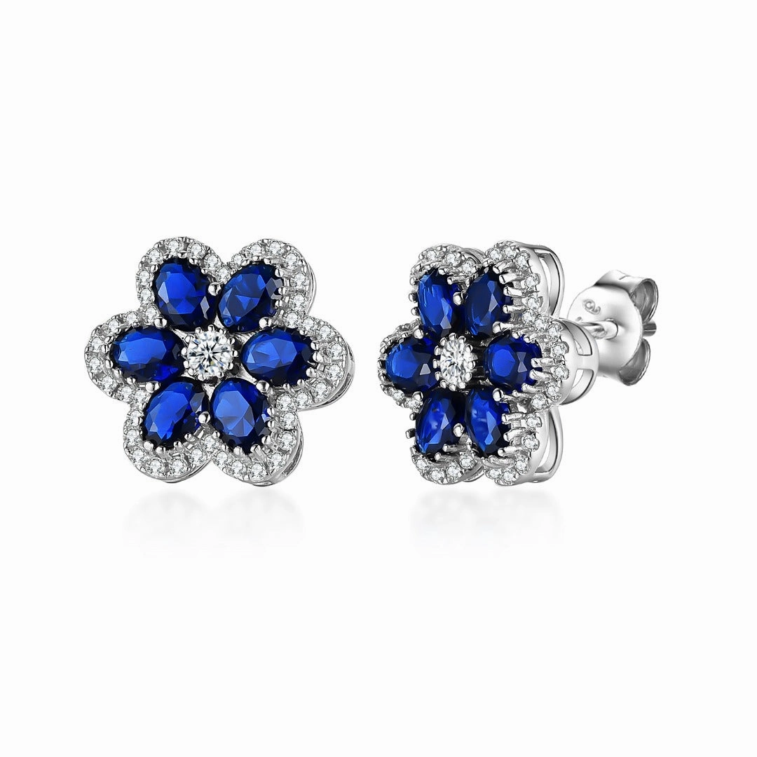 Sterling Silver Sapphire or Ruby CZ Flower Stud Earring Dainty Jewelry