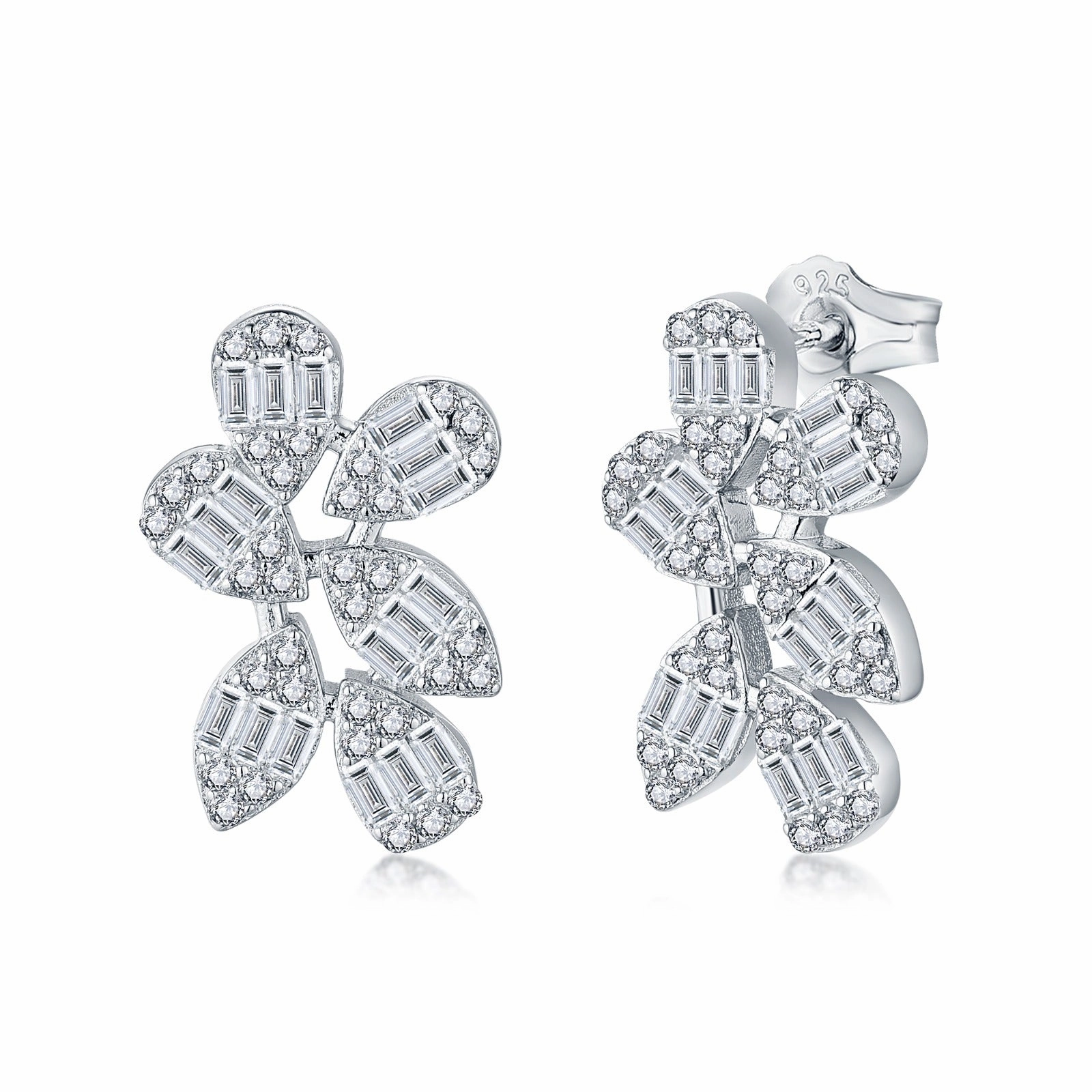 Decorative Style Sterling Silver Six Petal Baguette CZ Flower Stud Earring