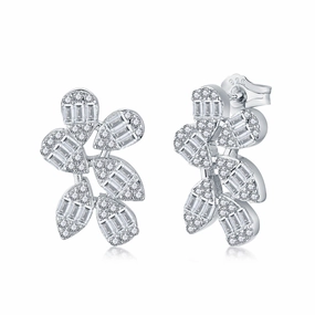 Decorative Style Sterling Silver Six Petal Baguette CZ Flower Stud Earring
