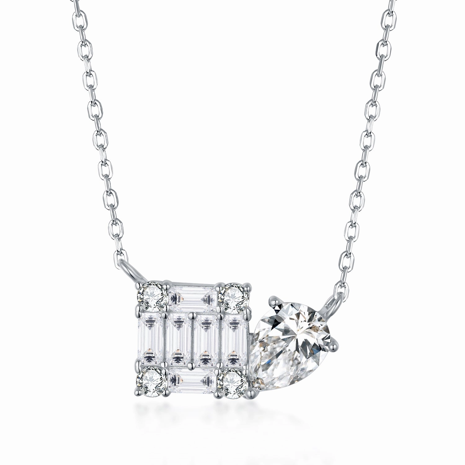 Sterling Silver Square and Pear CZ Necklace Perfect Adornment Distinctive Design
