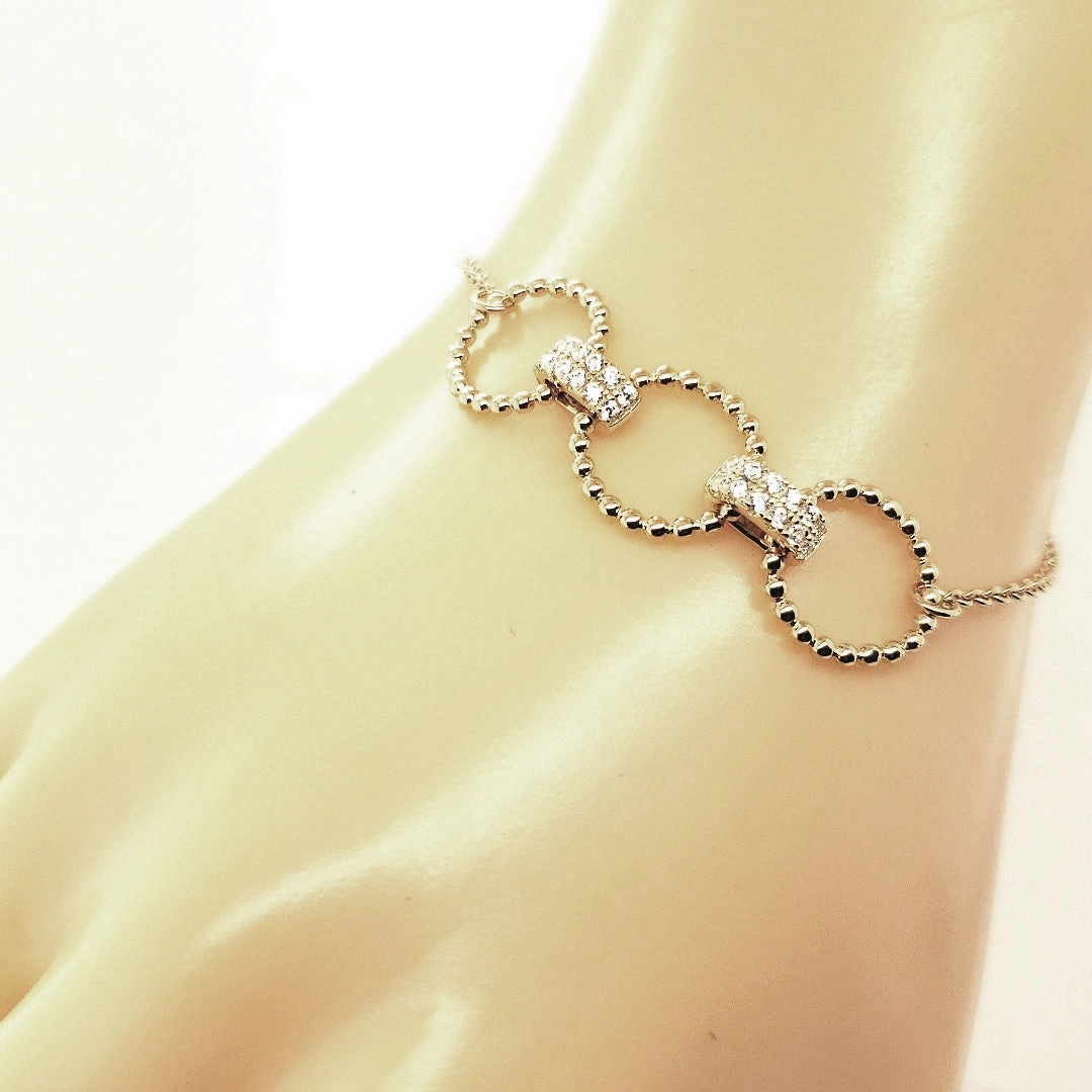 Praiseworthy Combinations Sterling Silver Triple Balled Circles linked With CZ Connectors Bracelet