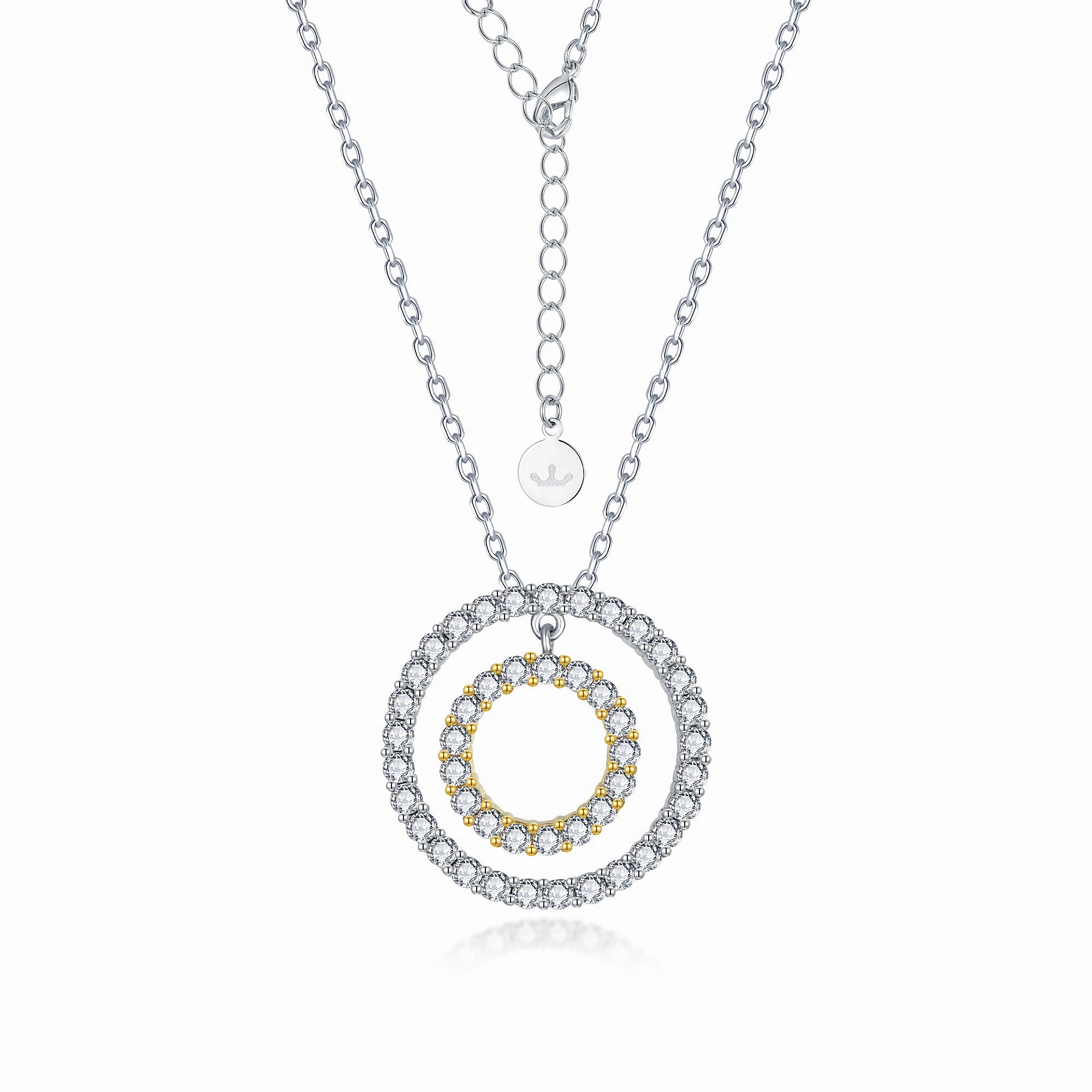 Happy Accent Sterling Silver Two Tone Double Circle Pendant On Diamond Cut Chain