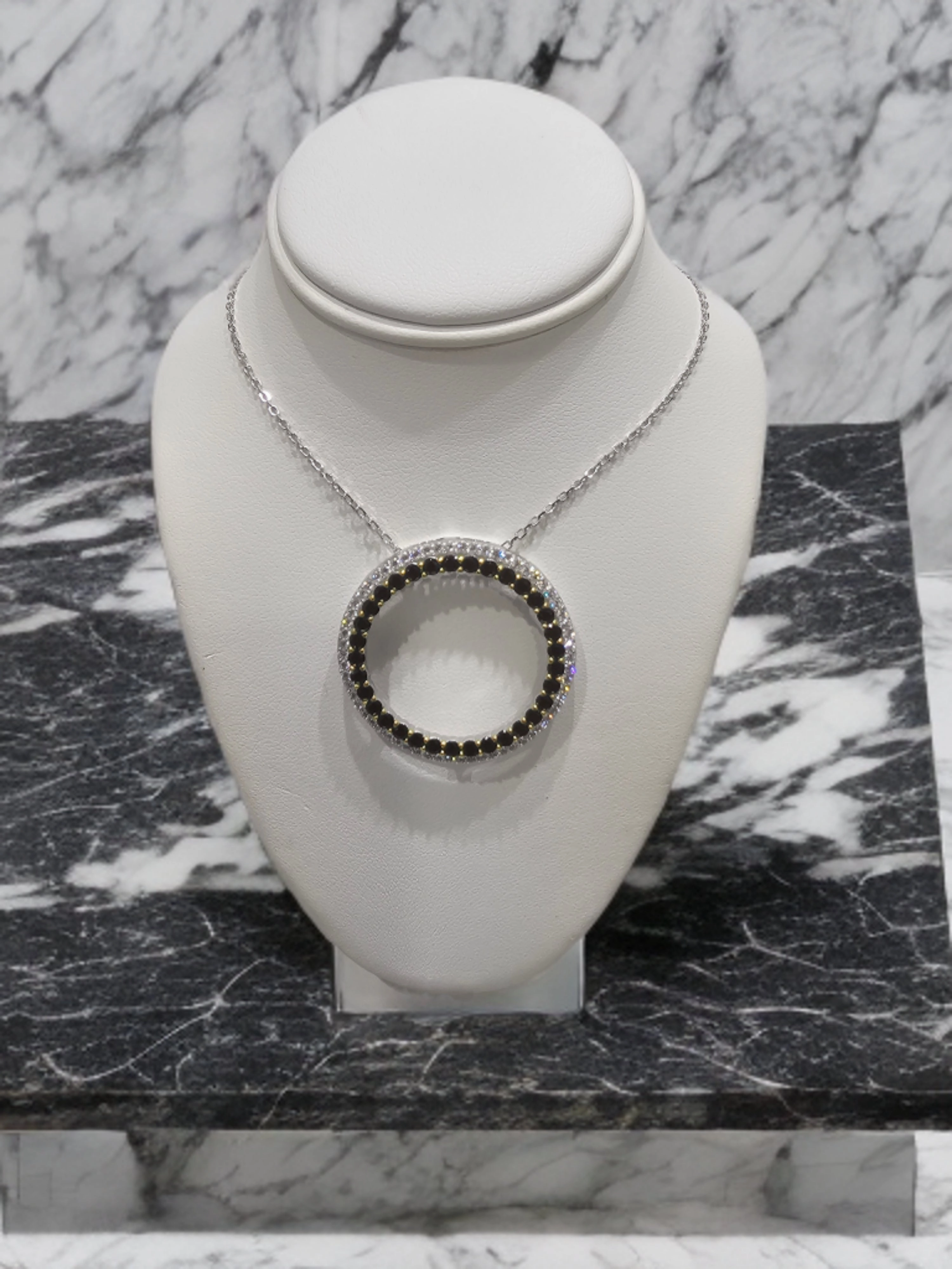 Chic Highlight Sterling Silver Two Tone Pendant Necklace With Clear and Colored Stone On Diamond Cut Chain