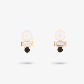 Amare Wear Freshwater Pearl with White Topaz and Black Onyx Triple Stacked Statement Studs Sparkling Trinket Classic Trinket
