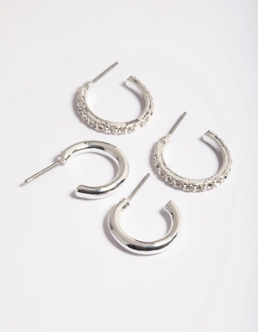 Charming Item Silver Plain & Diamante Huggie Earrings Pack