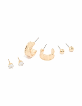 Gold Diamante Ribbon Hoop & Stud Earrings 3-Pack Gorgeous Selection