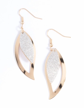 Gold Open & Glitter Leaf Drop Earrings Dull Accent Brilliant Ornament