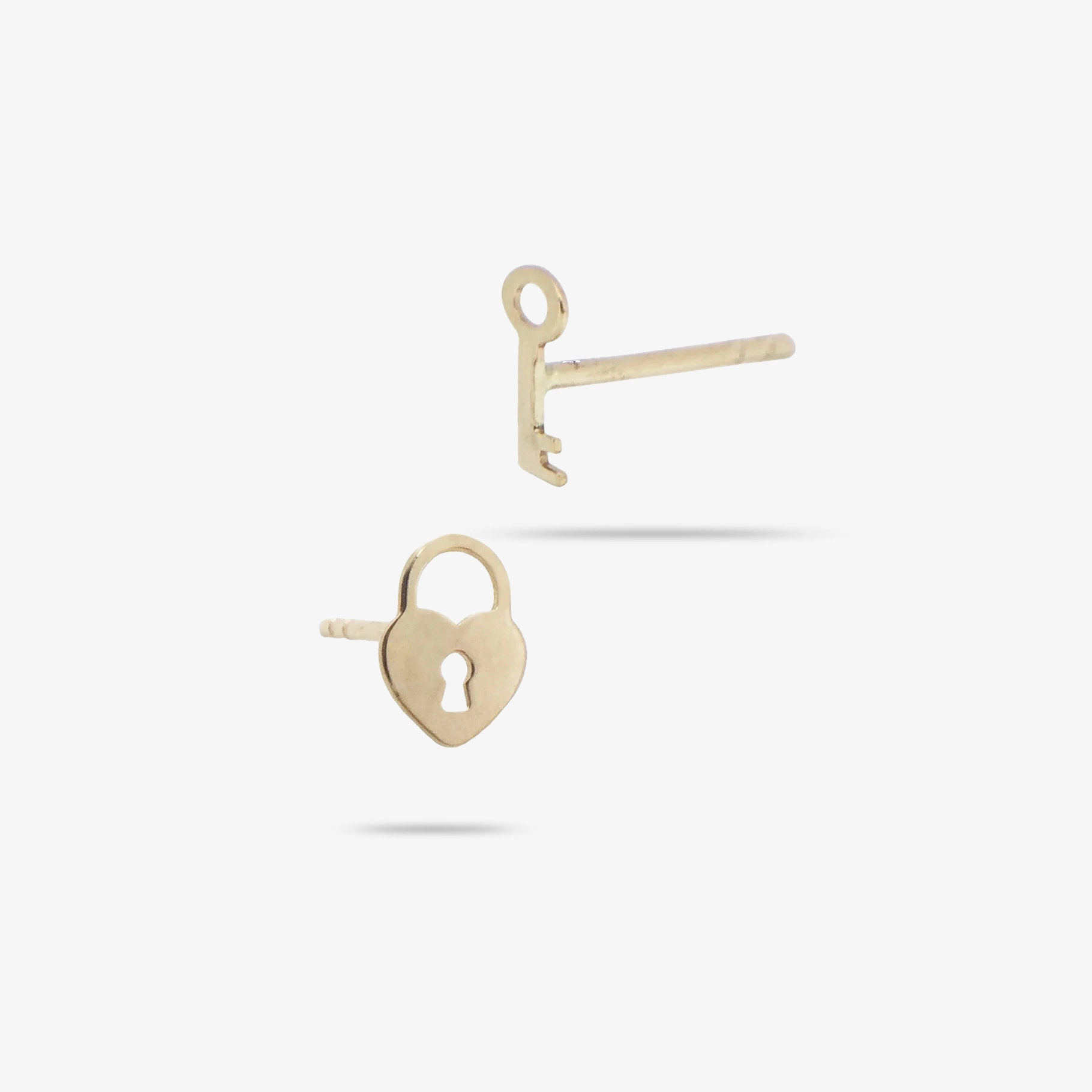 14k Solid Gold Heart Padlock & Key Stud Earrings Affordable Aesthetic Glittering Detail