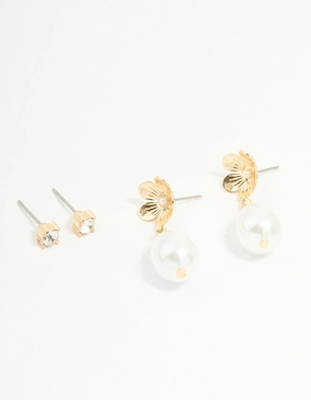 Exquisite Product Cute Piece Gold Pearl Flower & Diamante Stud Earrings 2-Pack