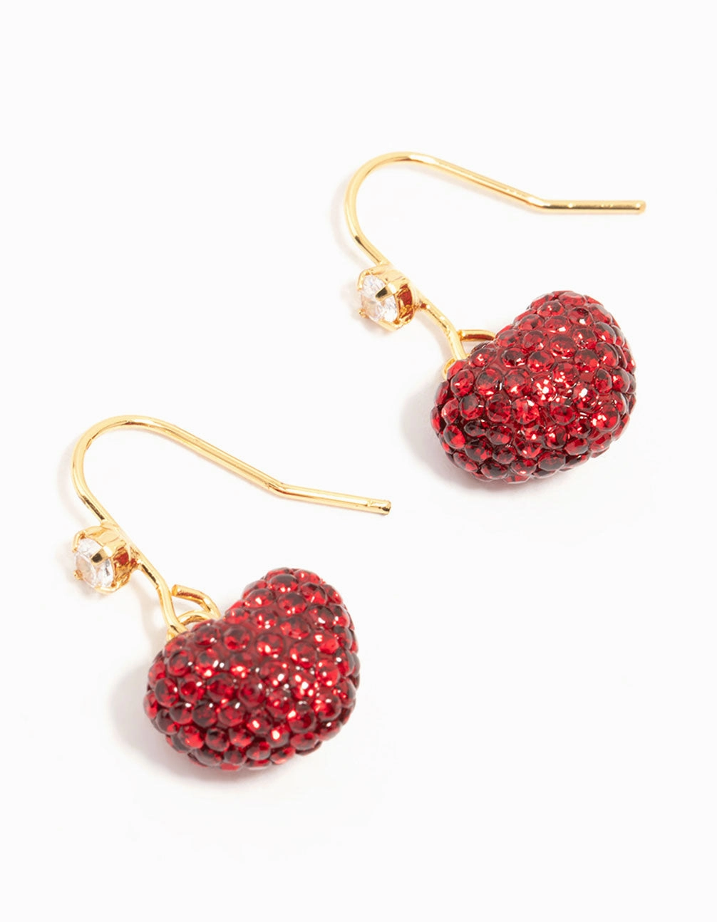 Delicate Creation Gold Plated Red Diamante Puffy Heart Drop Earrings