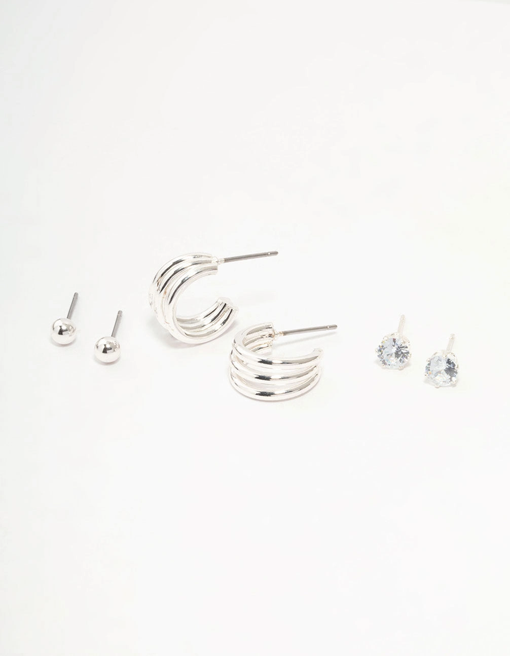 Graceful Essential Silver Diamante Triple Hoop Stud Earrings 3-Pack