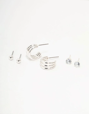 Graceful Essential Silver Diamante Triple Hoop Stud Earrings 3-Pack