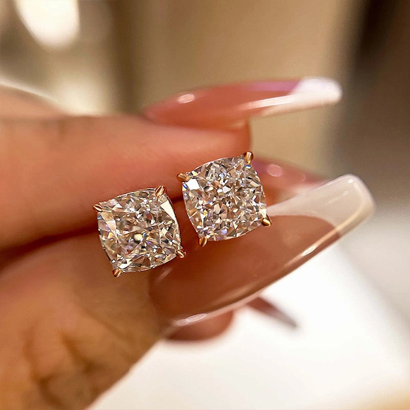 Louily Cushion Cut Sterling Silver Women's Stud Earrings Glittery Adornment Summer piece