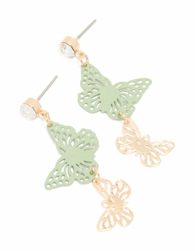 Gold Diamante & Green Coated Motel Butterfly Drop Earrings Miniature Ornament