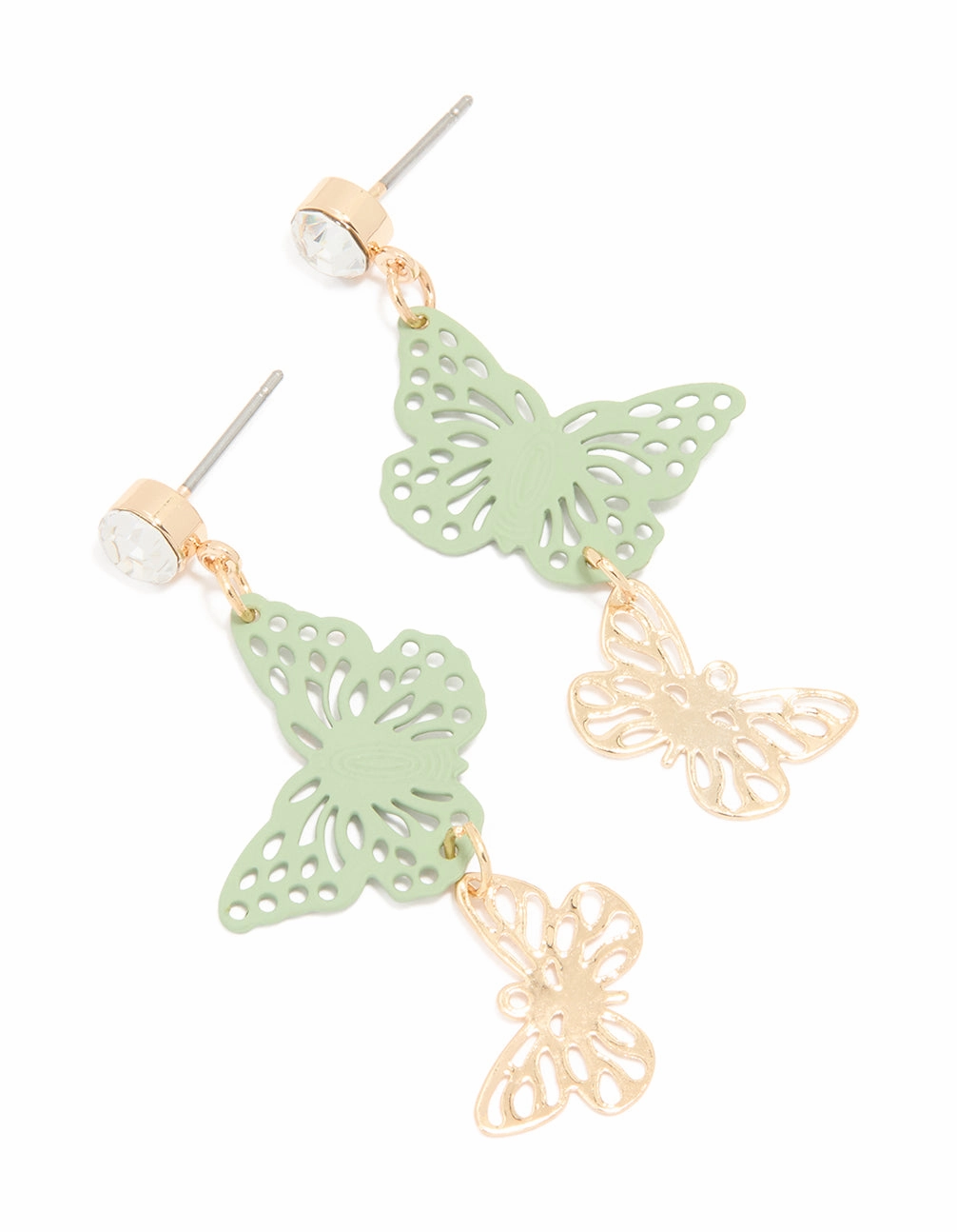 Gold Diamante & Green Coated Motel Butterfly Drop Earrings Miniature Ornament