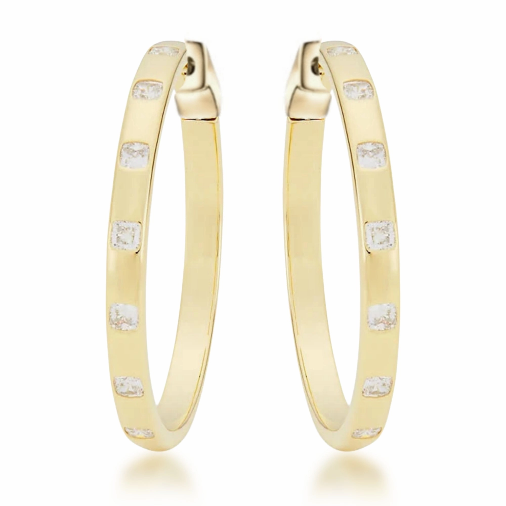 Comfortable item Glittering Essential Sterling Silver 1.25" Oval Inlaid Princess Cut CZ Hoop Earrings