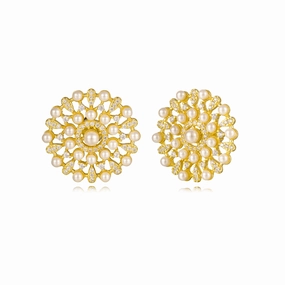 Sterling Silver Gold Plated Pearl And CZ Design Stud Earrings Gorgeous Product Polished Style