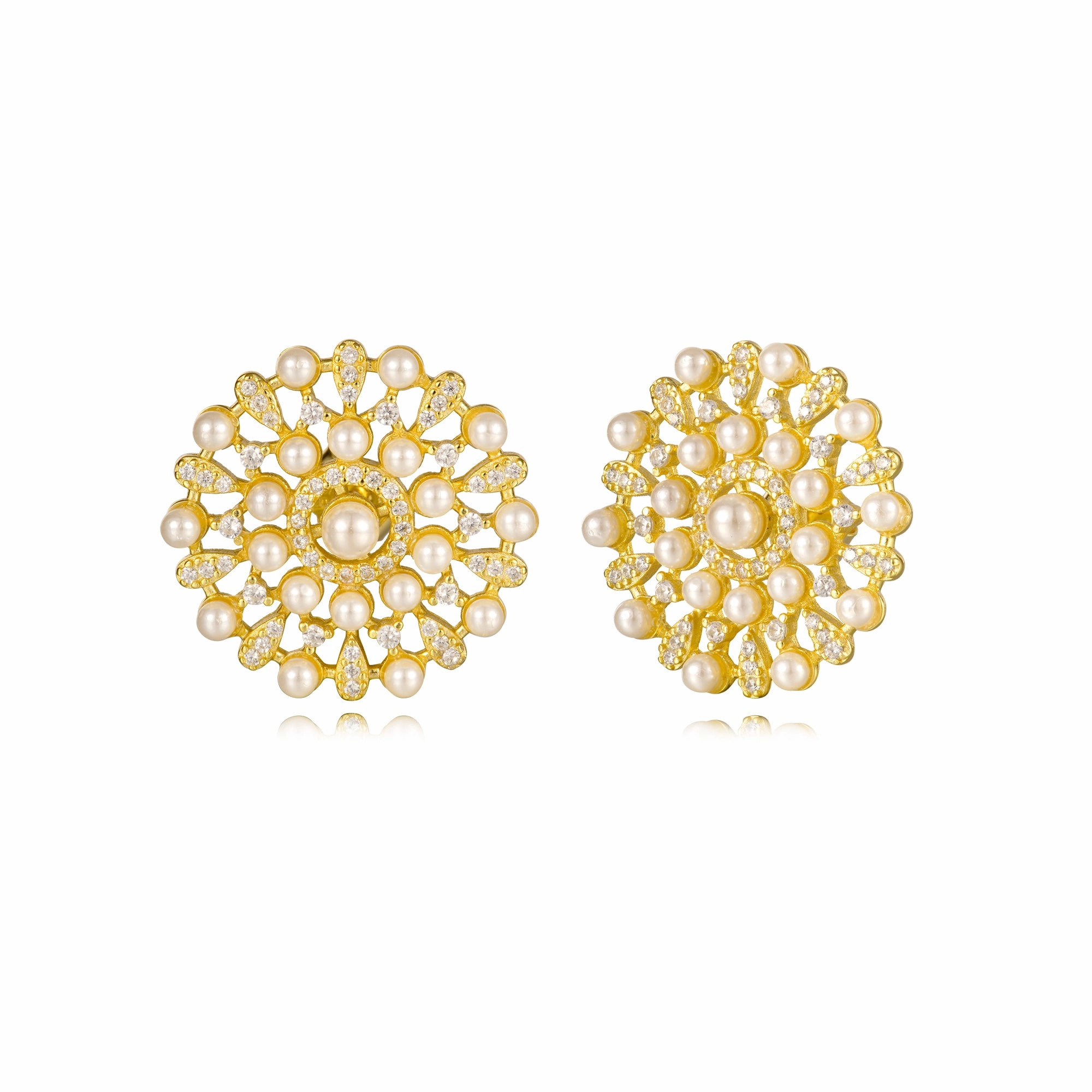 Sterling Silver Gold Plated Pearl And CZ Design Stud Earrings Gorgeous Product Polished Style
