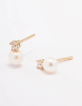Gold Plated Sterling Silver Cubic Zirconia & Freshwater Pearl Stud Earrings Modern Elegance Unique Gem
