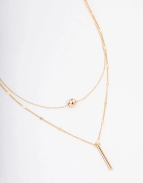 Gold Bar & Ball Double Chain Short Necklace for protection