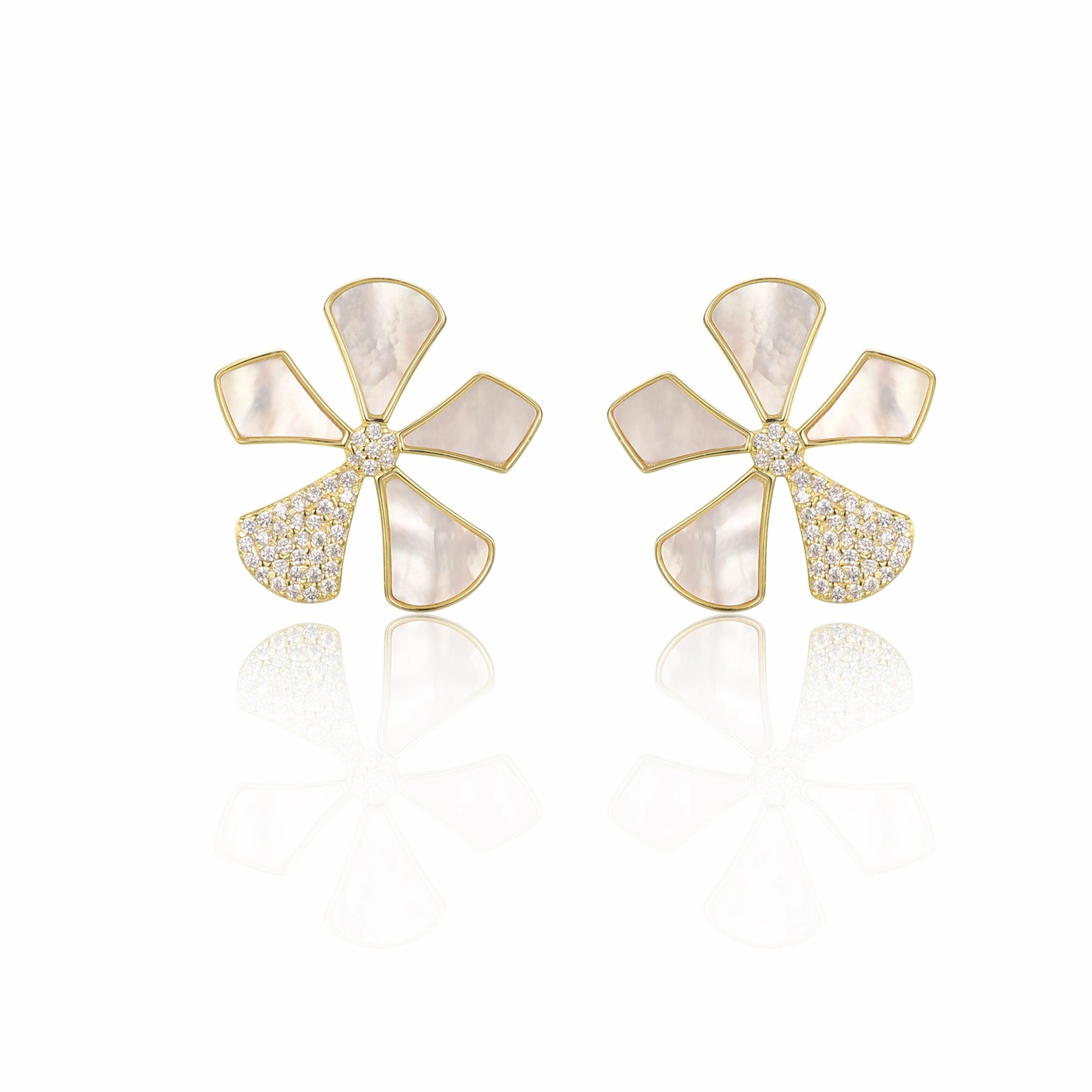 Retro Jewelry Safe Detail Sterling Silver Gold Plated Mother of Pearl And CZ Five Petal Flower Stud Earrings