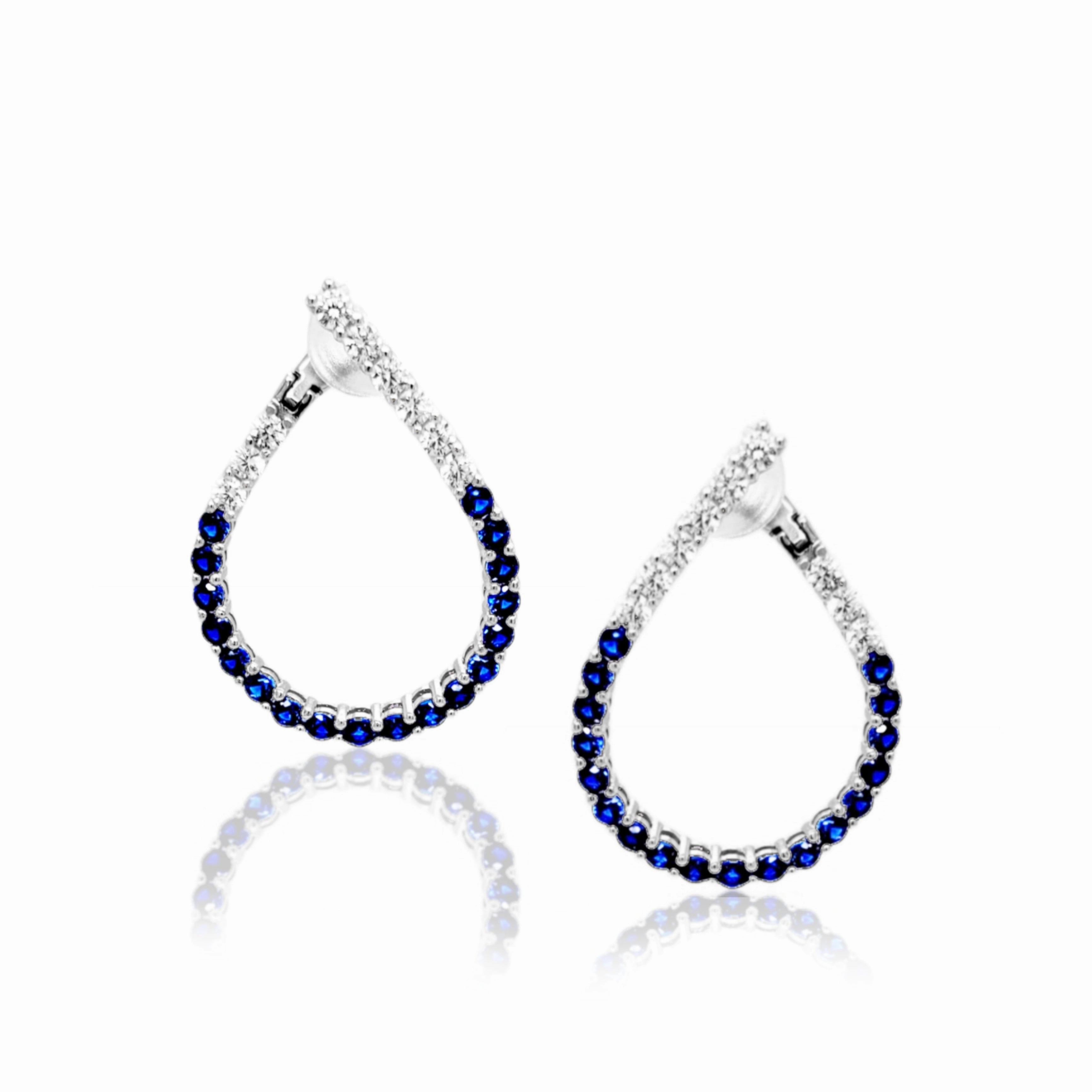 Premium Style Beautiful Accessory Sterling Silver Clear and Sapphire or Ruby CZ Front Back Teardrop Earrings