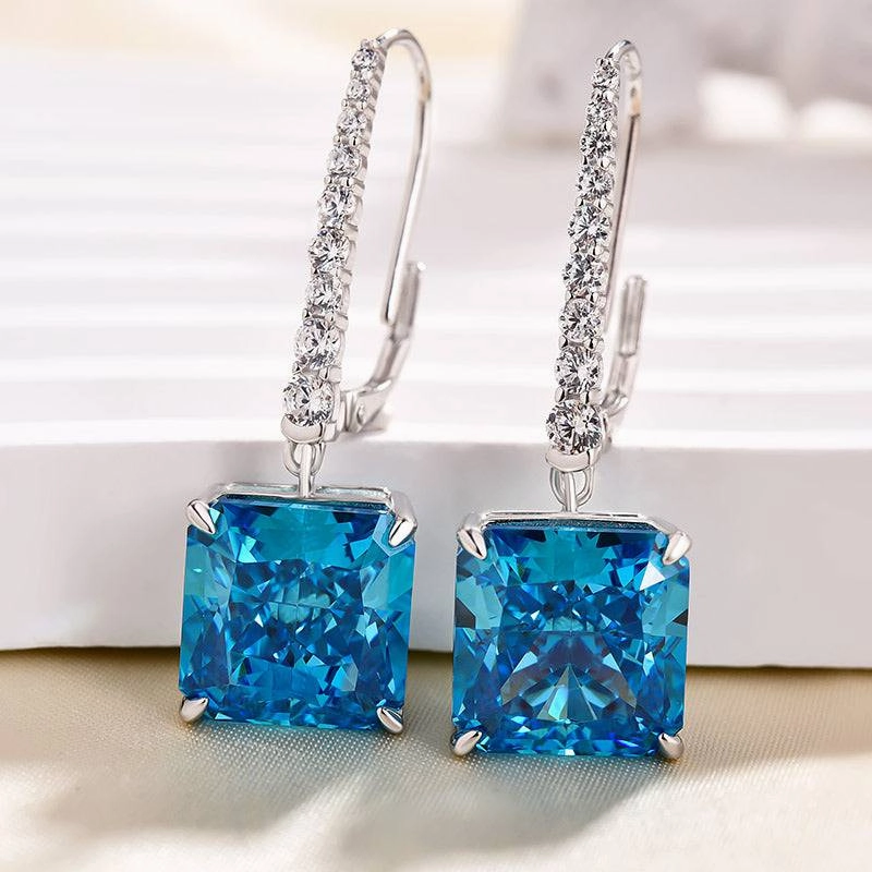 Louily Luxury Radiant Cut Blue Sapphire Women's Earrings In Sterling Silver Shiny Product Stylish Finish